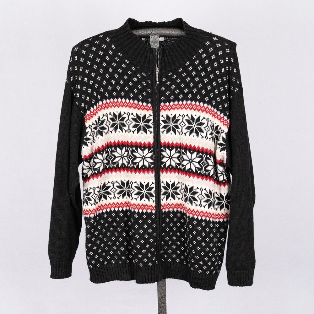 Women's Vintage Fair Isle & Bird's Eye Zip Cardigan Sweater SZ 22/24 Poinsettia